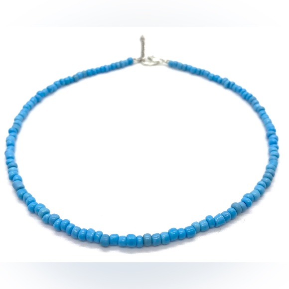 Solid Blue Beaded Choker Necklace Boho Classic Southwestern Coastal Preppy - Picture 4 of 6